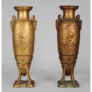 Ferdinand Levillain And Ferdinand Barbedienne, Pair Of Greek Style Amphorae, Model