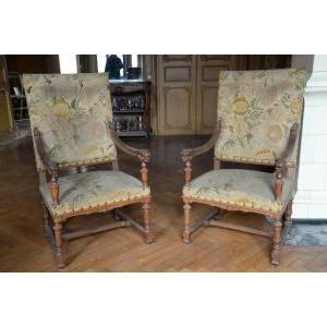 Pair Of Louis XIII Style Armchairs In Walnut With Lion Heads