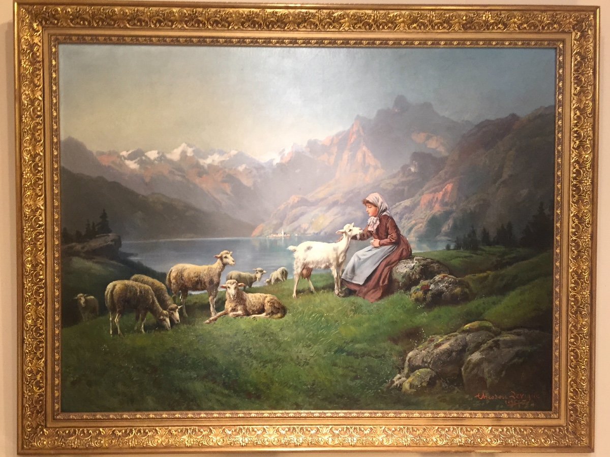 Bergère Et Son Troupeau Devant Un Lac De Montagne par Theodore Lévigne (1848-1912)-photo-2