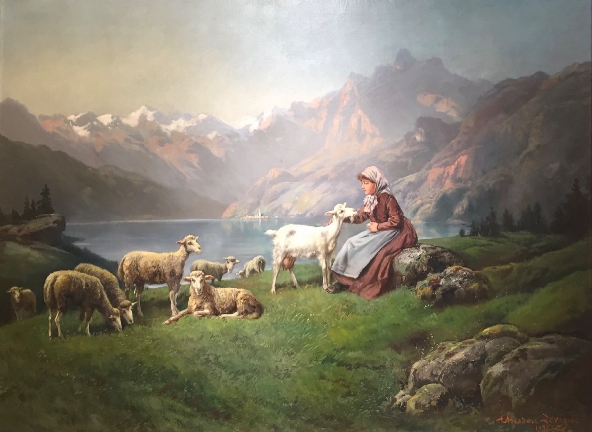 Bergère Et Son Troupeau Devant Un Lac De Montagne par Theodore Lévigne (1848-1912)-photo-3