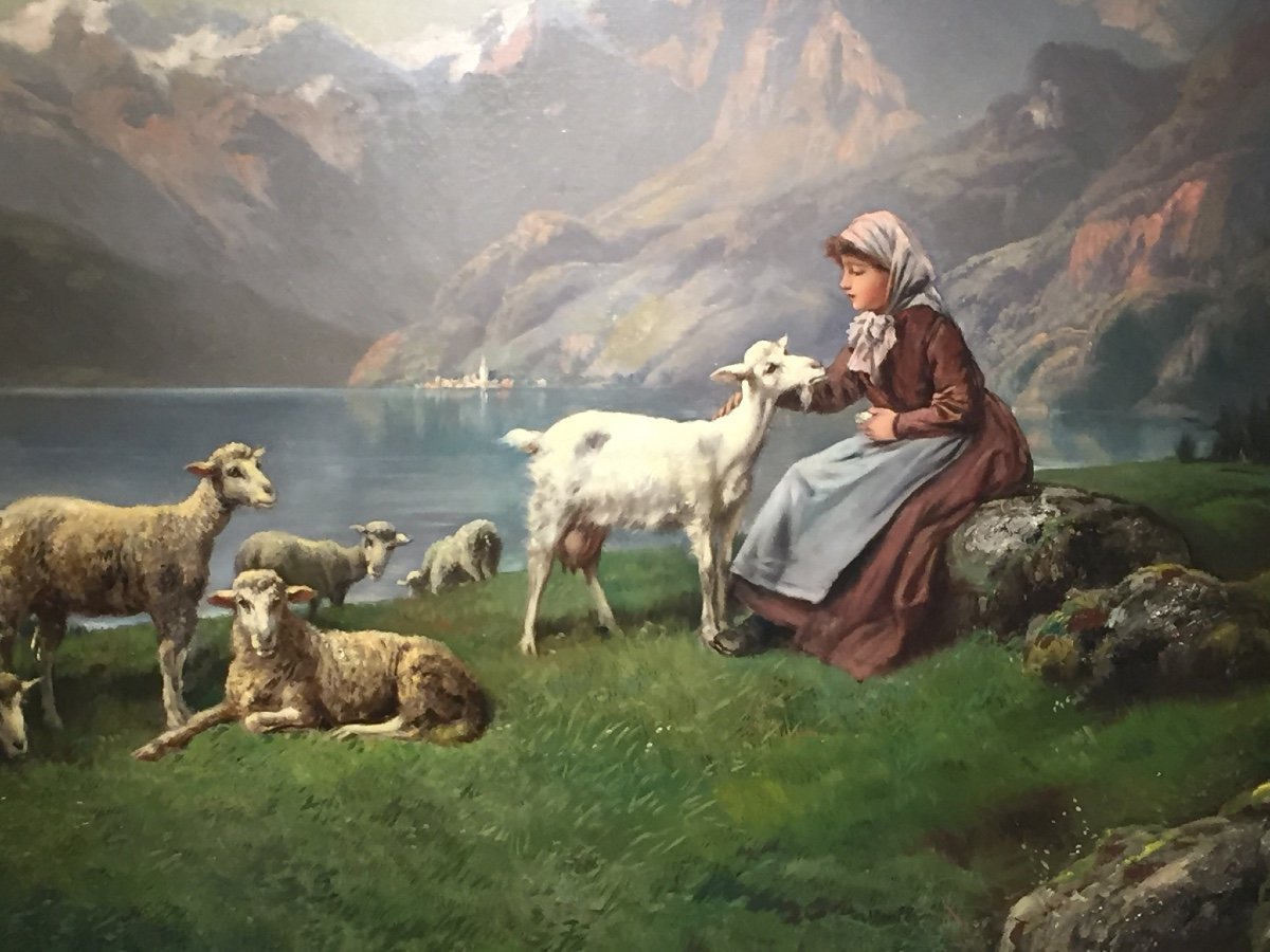 Bergère Et Son Troupeau Devant Un Lac De Montagne par Theodore Lévigne (1848-1912)-photo-1