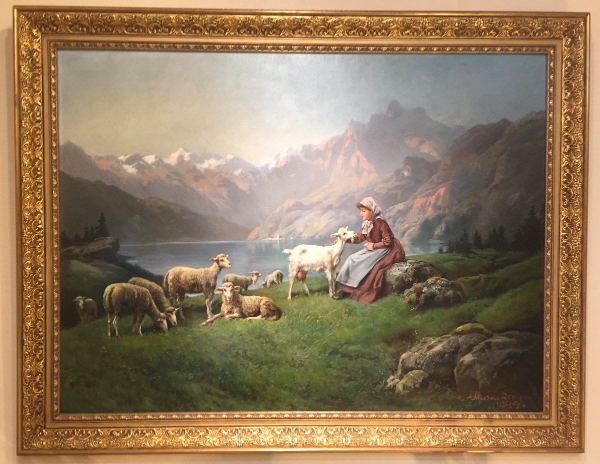 Bergère Et Son Troupeau Devant Un Lac De Montagne par Theodore Lévigne (1848-1912)