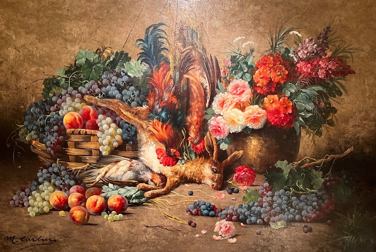 Still Life With Flowers, Fruits And Game By Max Carlier -photo-2