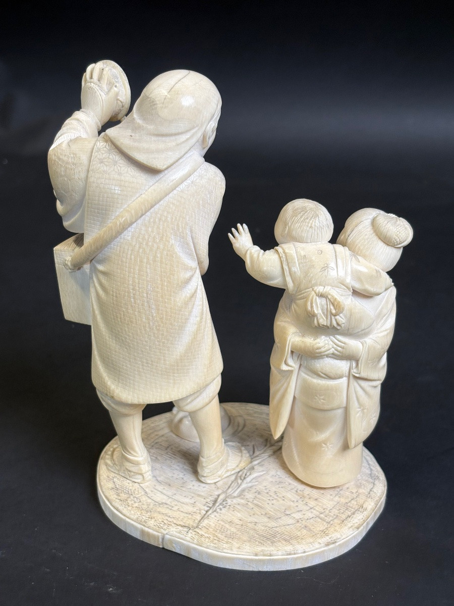 Superb Japanese Ivory Okimono – Father With Children (signed 静光 / Seikō)-photo-7