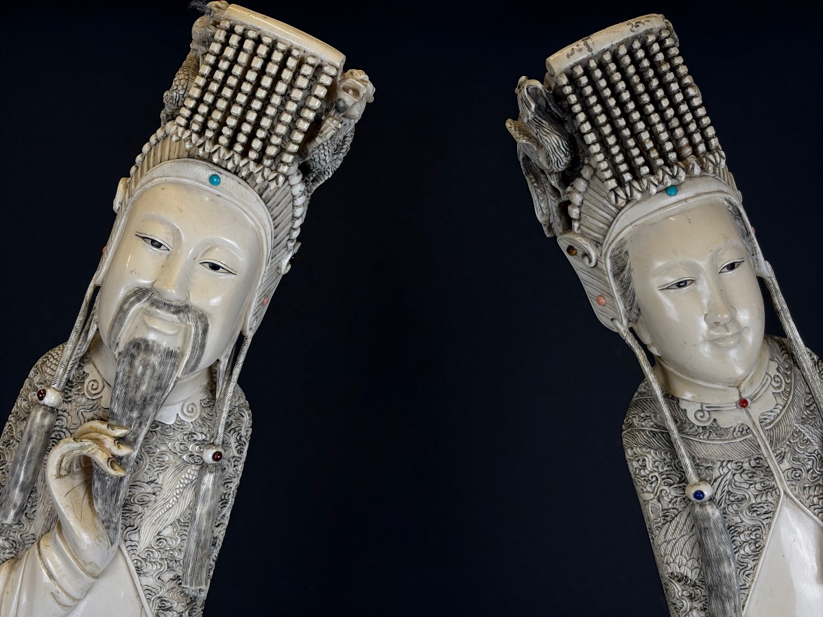 Chinese Emperor And Empress, Carved From Ivory + Cites-photo-2