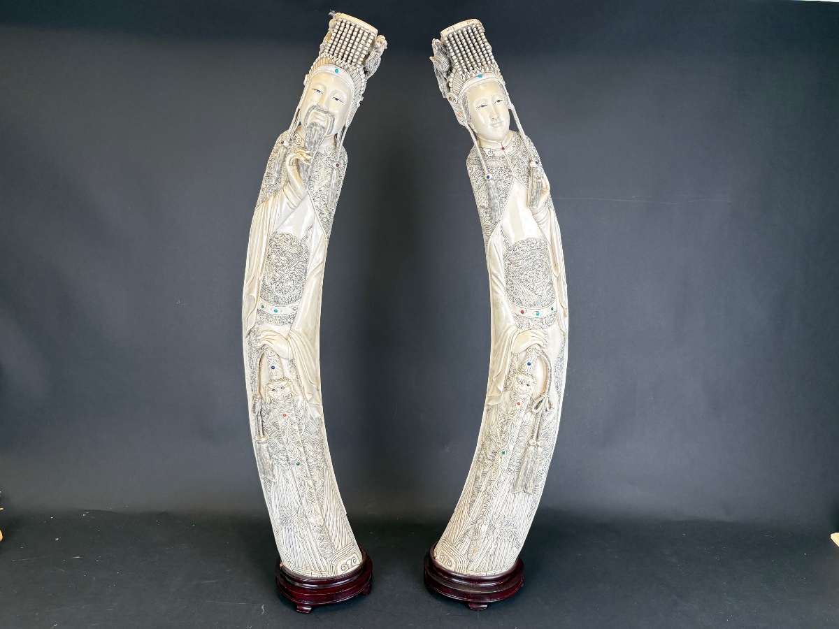 Chinese Emperor And Empress, Carved From Ivory + Cites