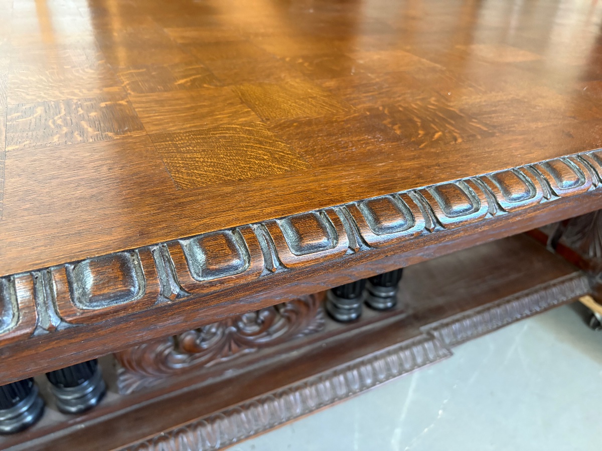 Grande table de banquet ancienne extensible — chêne, style néo-Renaissance (vers 1870-1910)-photo-3