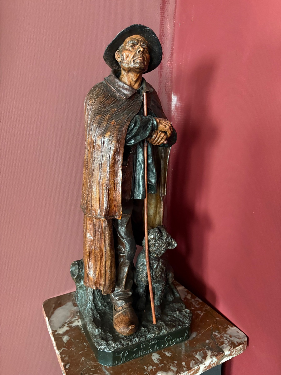 Sculpture française en terre cuite patinée « Le Soir — Il attend le Signal 1890-photo-3
