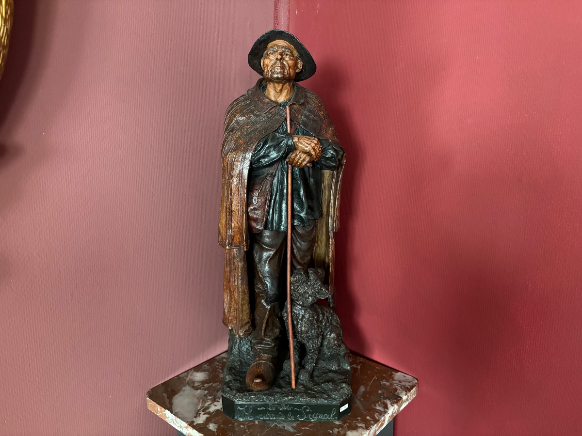 Sculpture française en terre cuite patinée « Le Soir — Il attend le Signal 1890