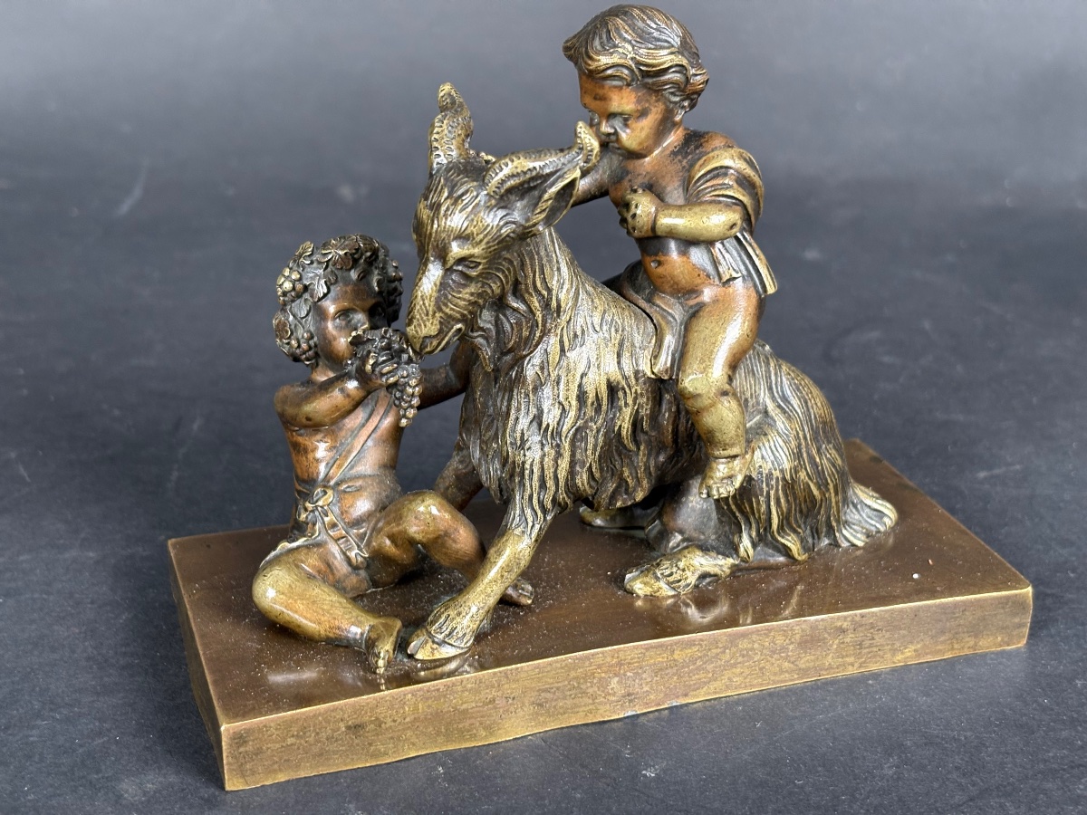  Bronze Sculpture—children With A Goat,  In The Style Of Clodion