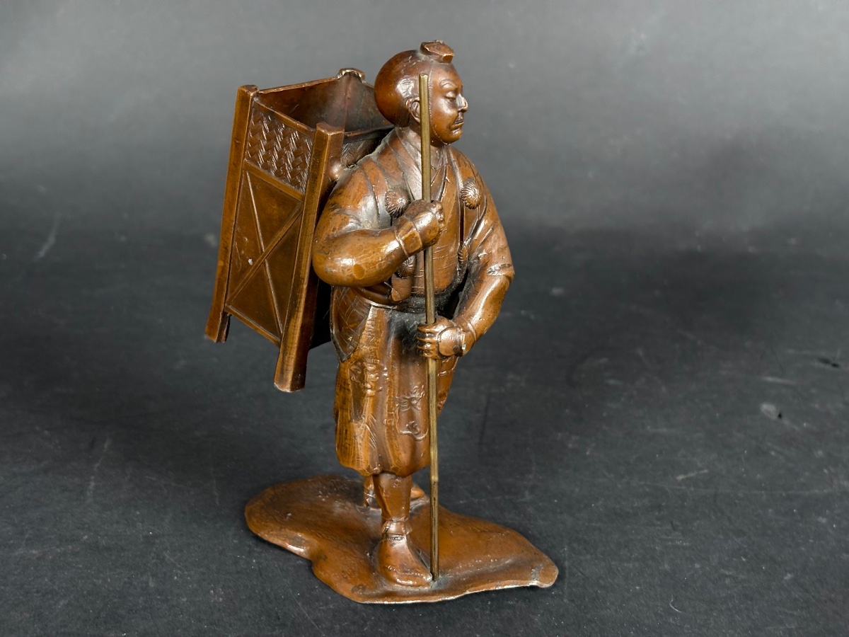 Japanese Bronze Okimono — A Pilgrim Traveler With A Conch Shell-photo-1