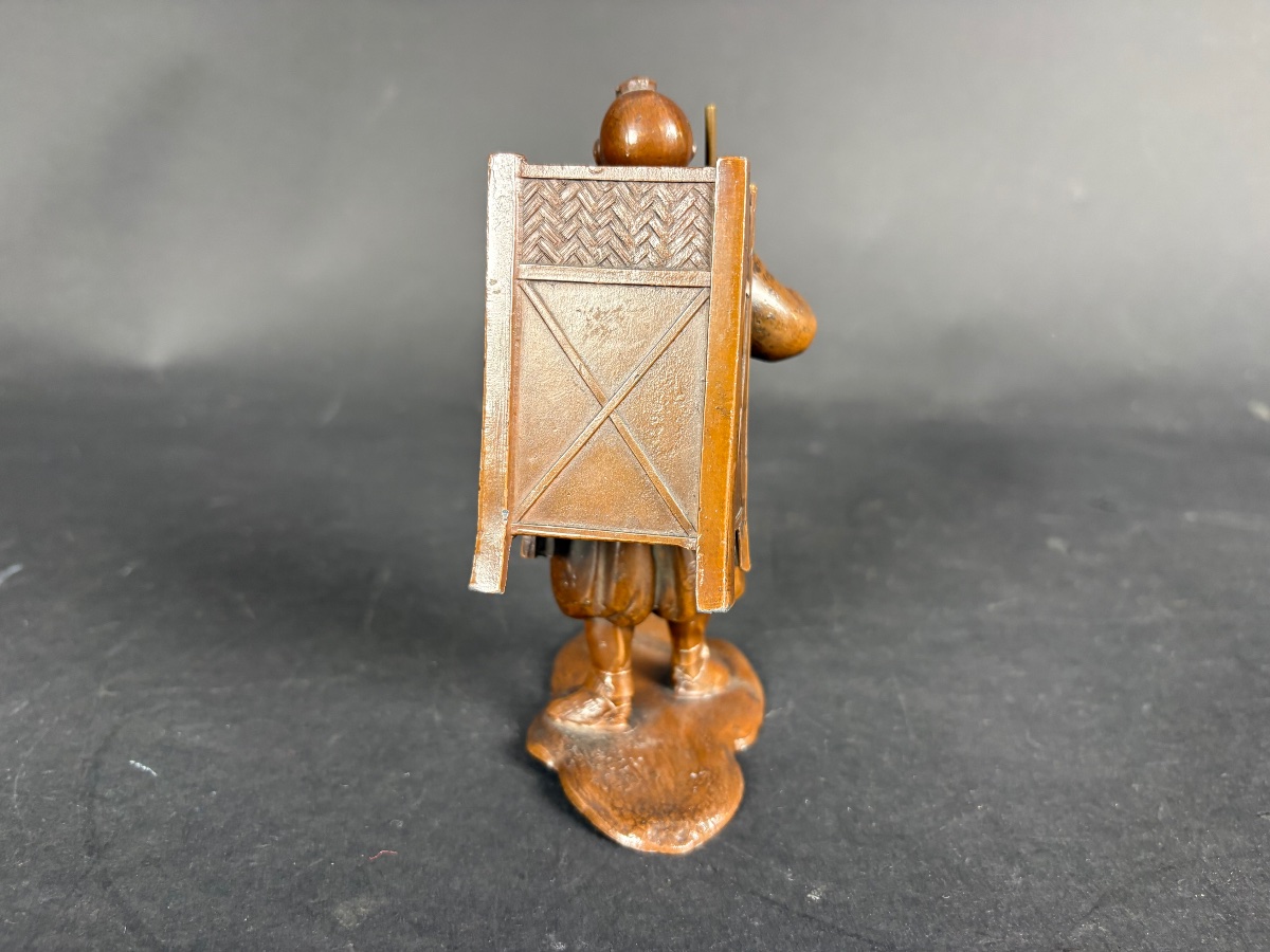 Japanese Bronze Okimono — A Pilgrim Traveler With A Conch Shell-photo-3
