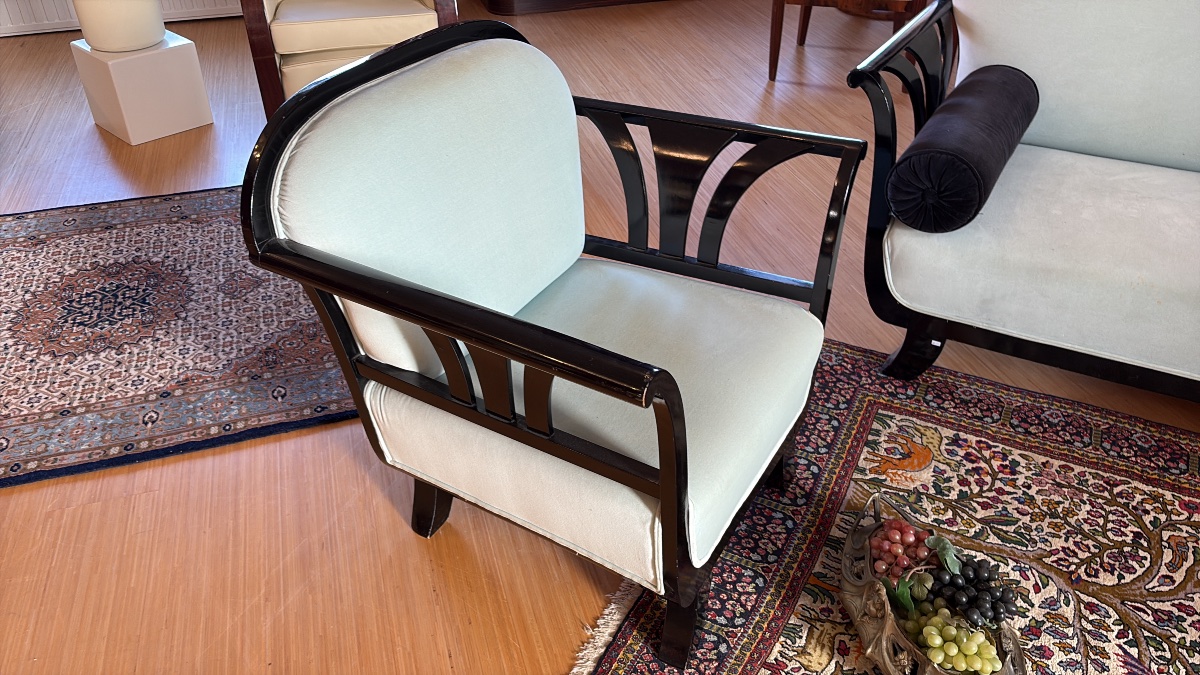 Art Deco Living Room Set—sofa And Two Armchairs, Glossy Black Lacquer-photo-2