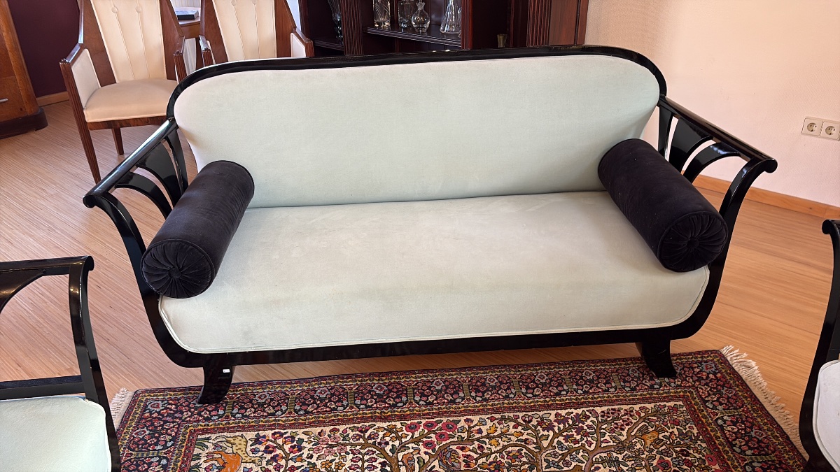 Art Deco Living Room Set—sofa And Two Armchairs, Glossy Black Lacquer-photo-3