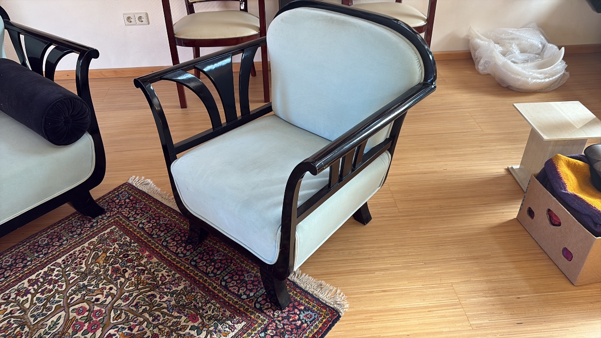 Art Deco Living Room Set—sofa And Two Armchairs, Glossy Black Lacquer-photo-4