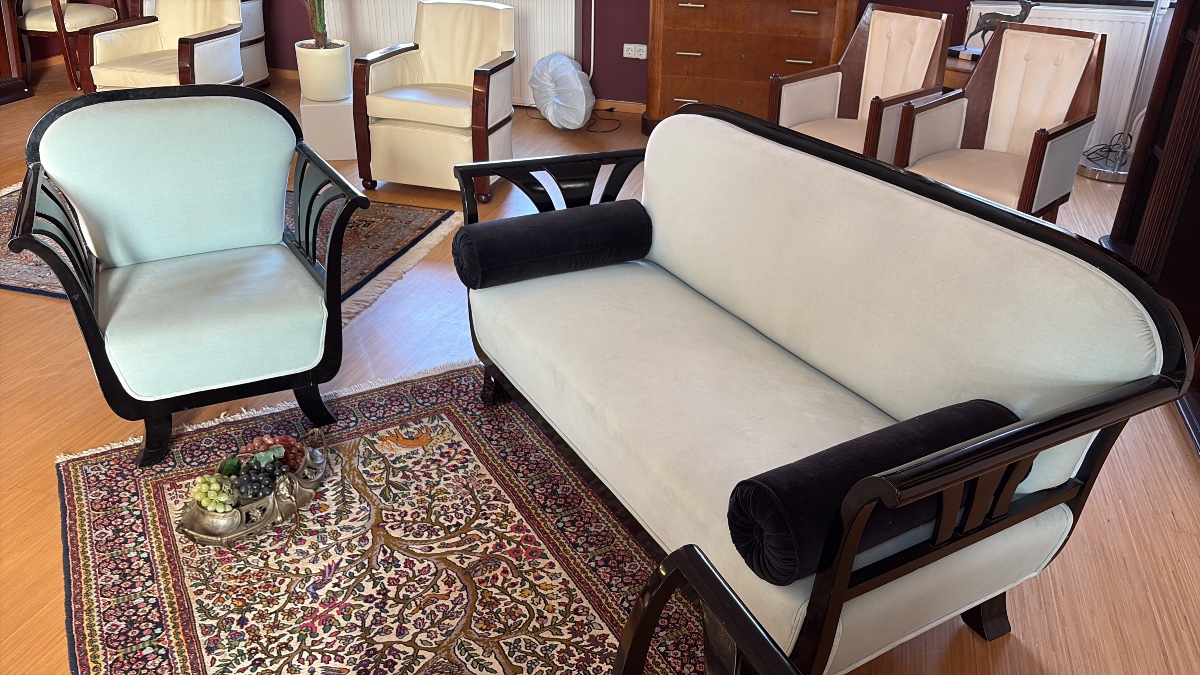 Art Deco Living Room Set—sofa And Two Armchairs, Glossy Black Lacquer-photo-1