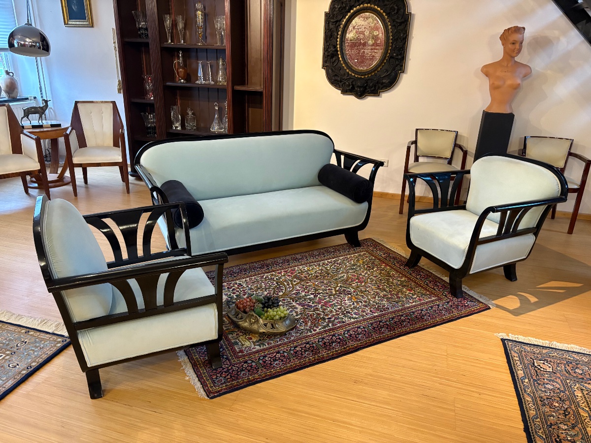Art Deco Living Room Set—sofa And Two Armchairs, Glossy Black Lacquer-photo-2
