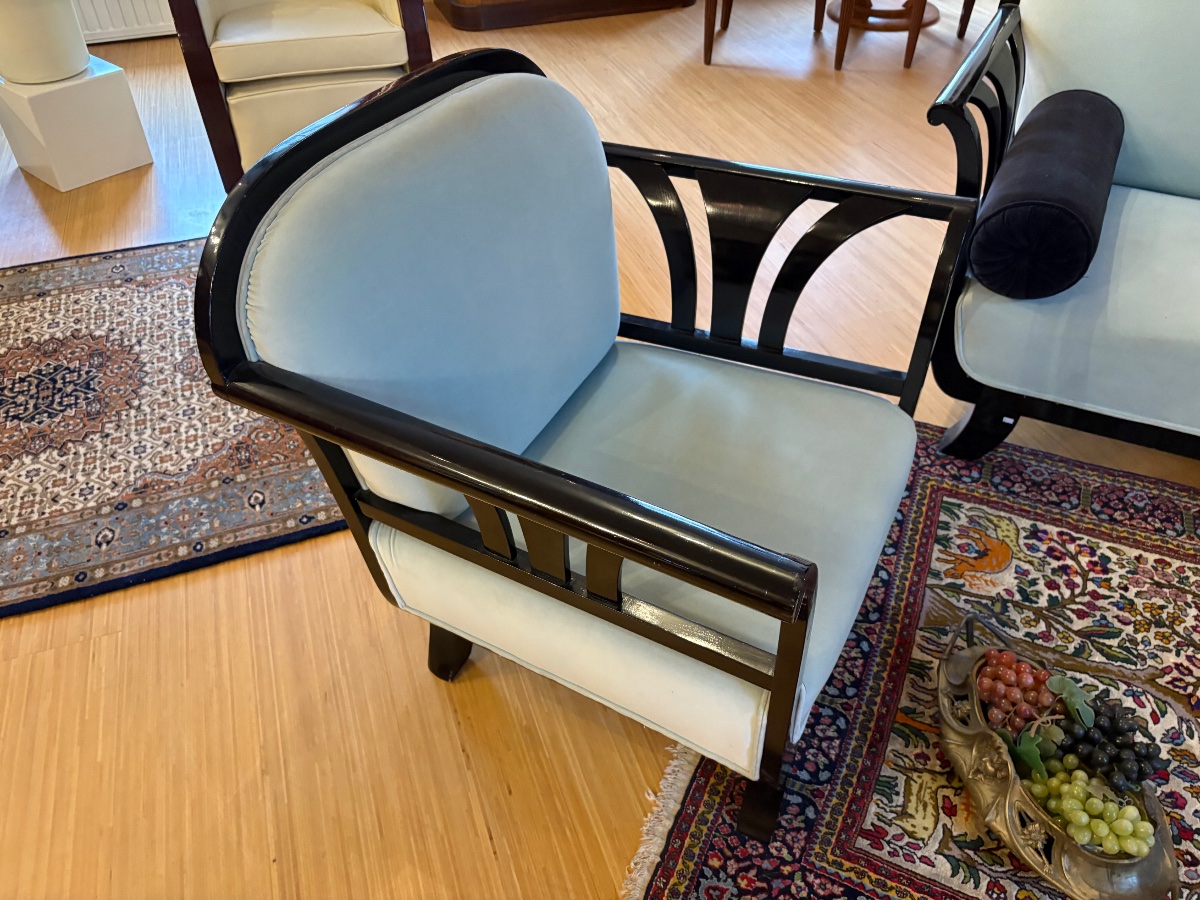 Art Deco Living Room Set—sofa And Two Armchairs, Glossy Black Lacquer-photo-3