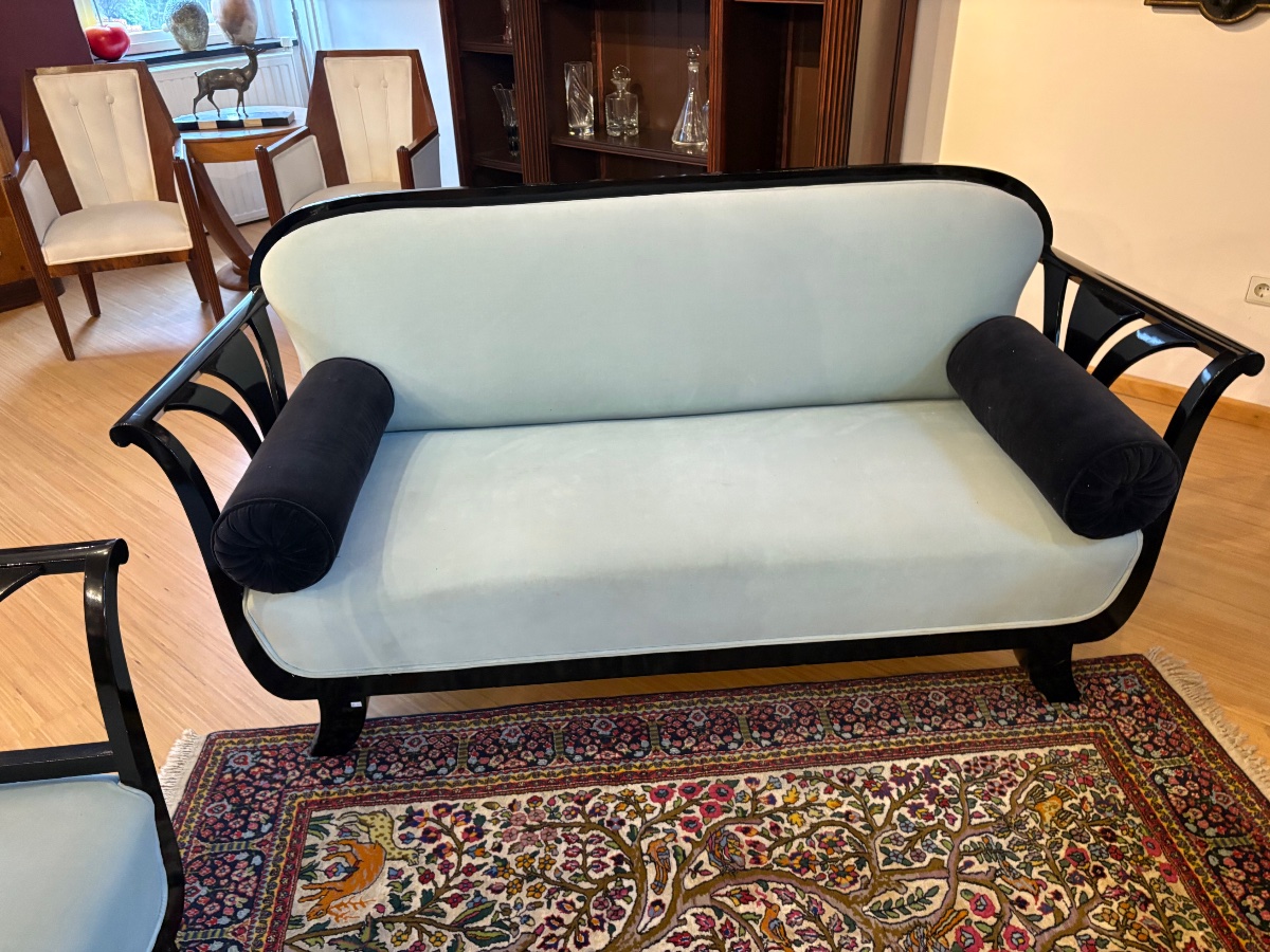 Art Deco Living Room Set—sofa And Two Armchairs, Glossy Black Lacquer-photo-4