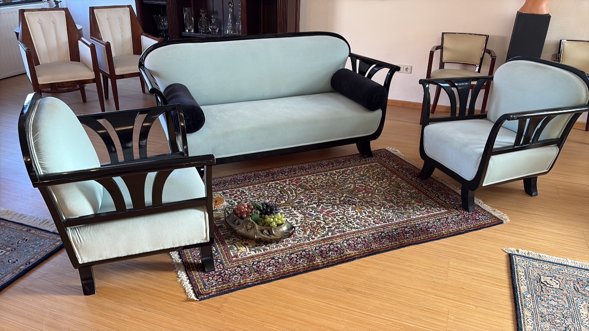Art Deco Living Room Set—sofa And Two Armchairs, Glossy Black Lacquer