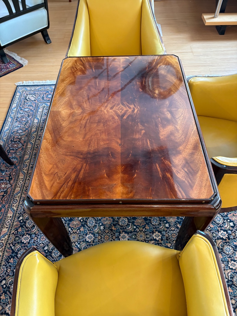 Salon Art Déco – 4 fauteuils club et table basse, acajou et cuir jaune-photo-1