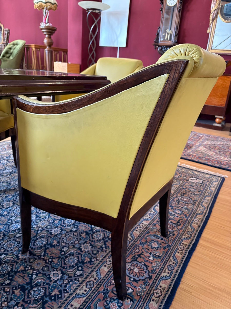 Salon Art Déco – 4 fauteuils club et table basse, acajou et cuir jaune-photo-6
