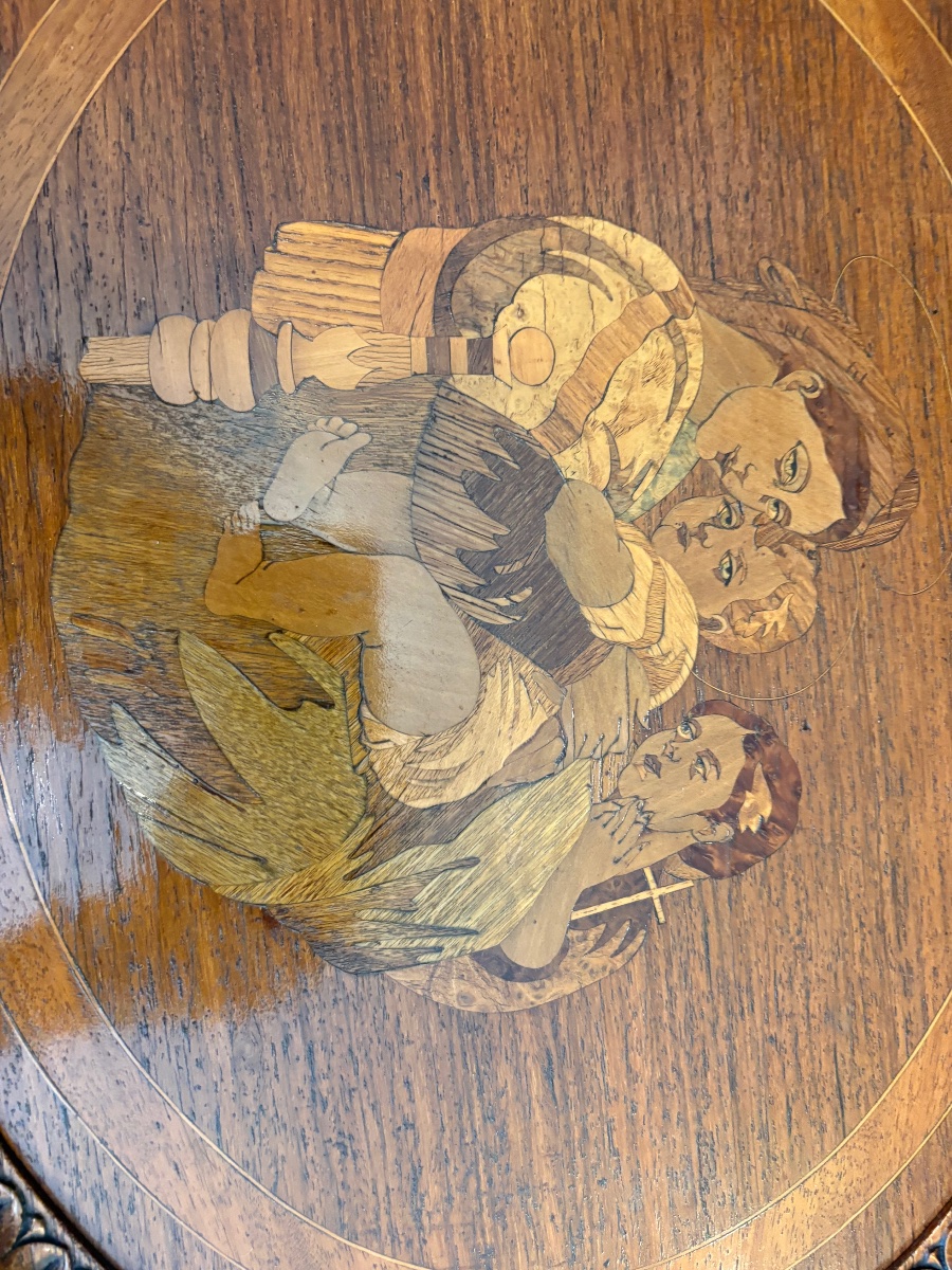 Panneau en chêne sculpté et marqueterie – Madonna della Seggiola d’après Raphaël-photo-4