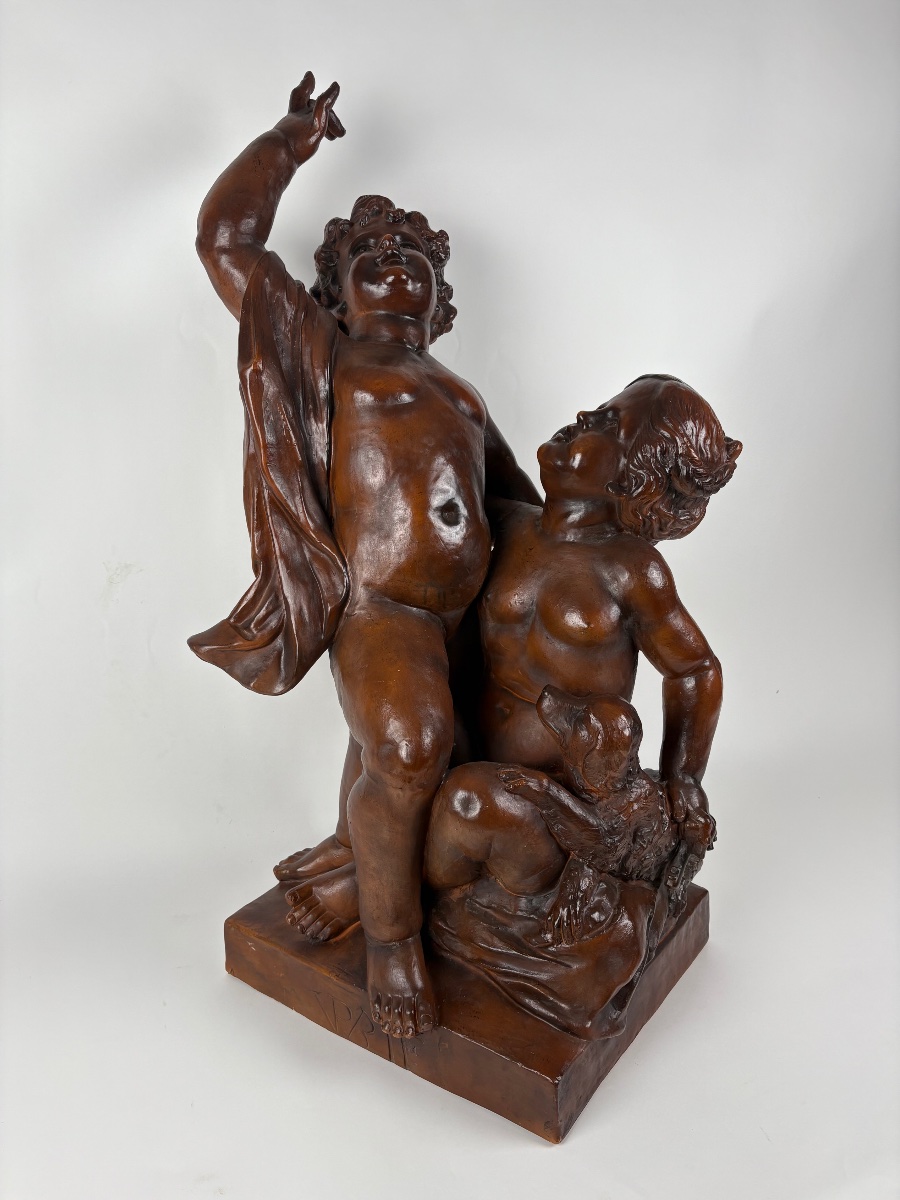 Large Terracotta Sculpture: Two Putti With A Small Dog, 95 Cm-photo-3