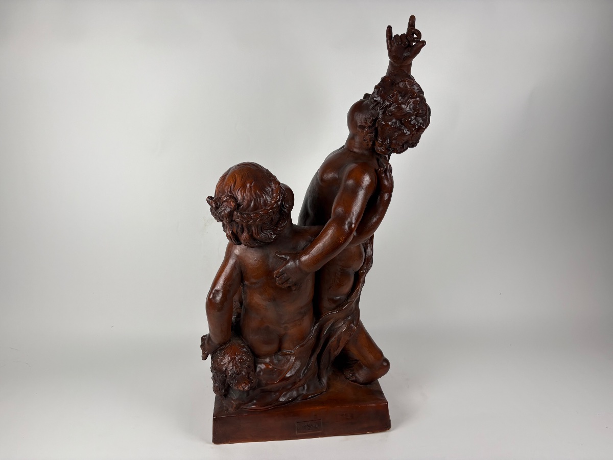 Large Terracotta Sculpture: Two Putti With A Small Dog, 95 Cm-photo-2