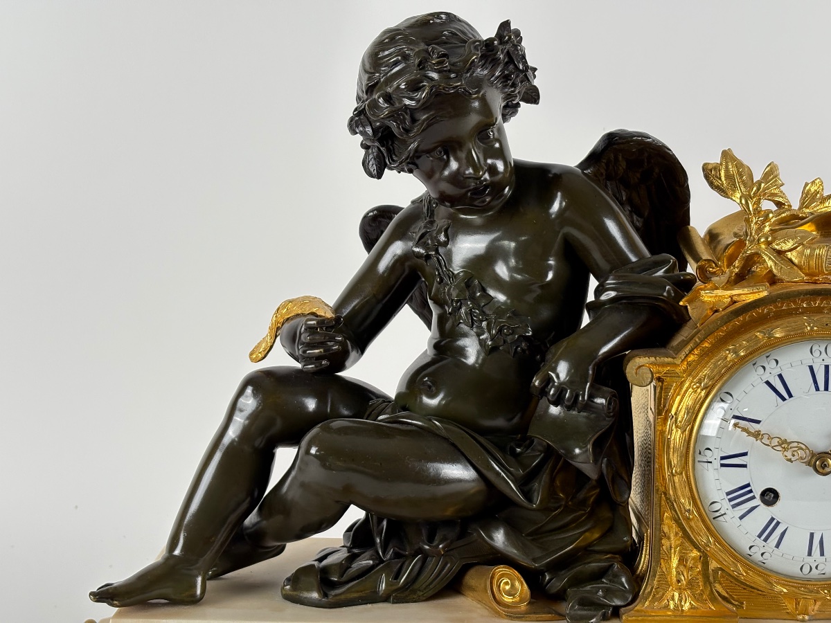 Pendule  Amour en bronze sur marbre blanc, époque Napoléon III-photo-2