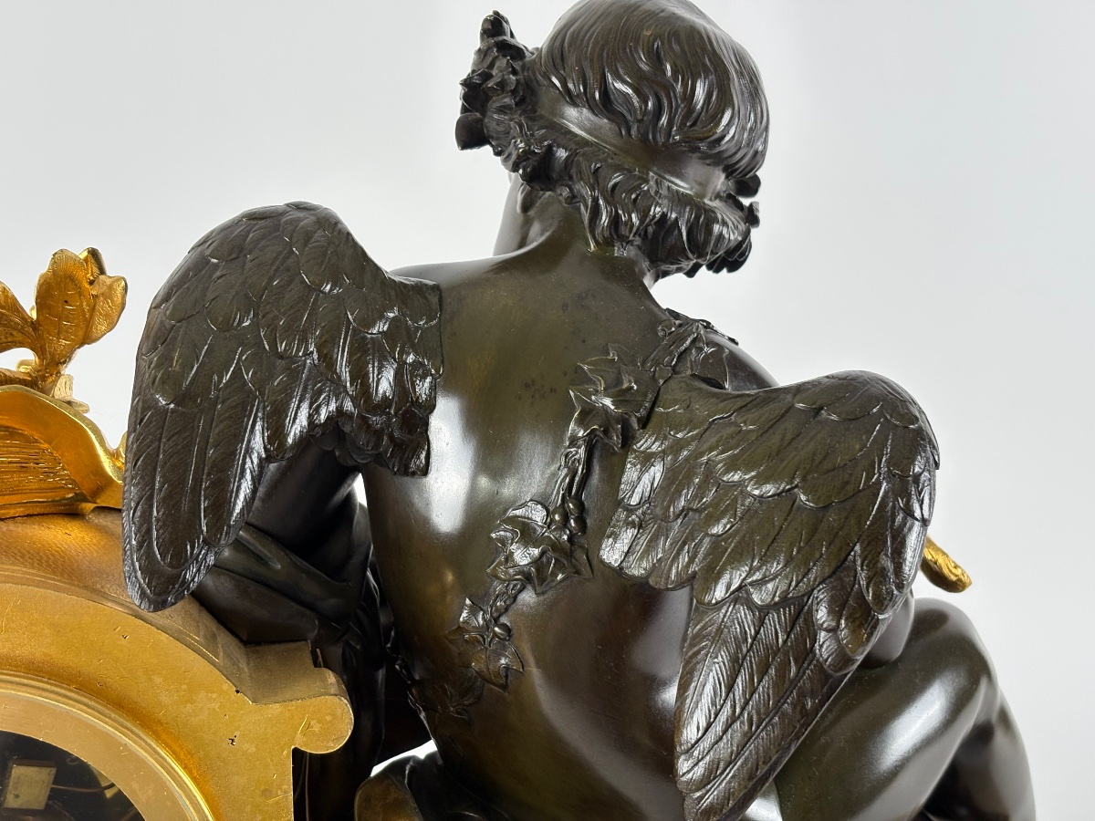 Pendule  Amour en bronze sur marbre blanc, époque Napoléon III-photo-4