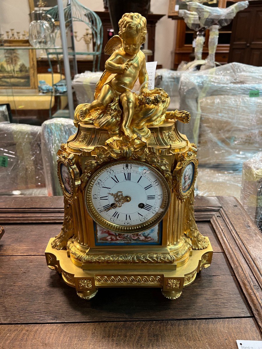 Belle Pendule De Cheminée En Bronze Doré à Feu Amor 19ème Siècle-photo-1