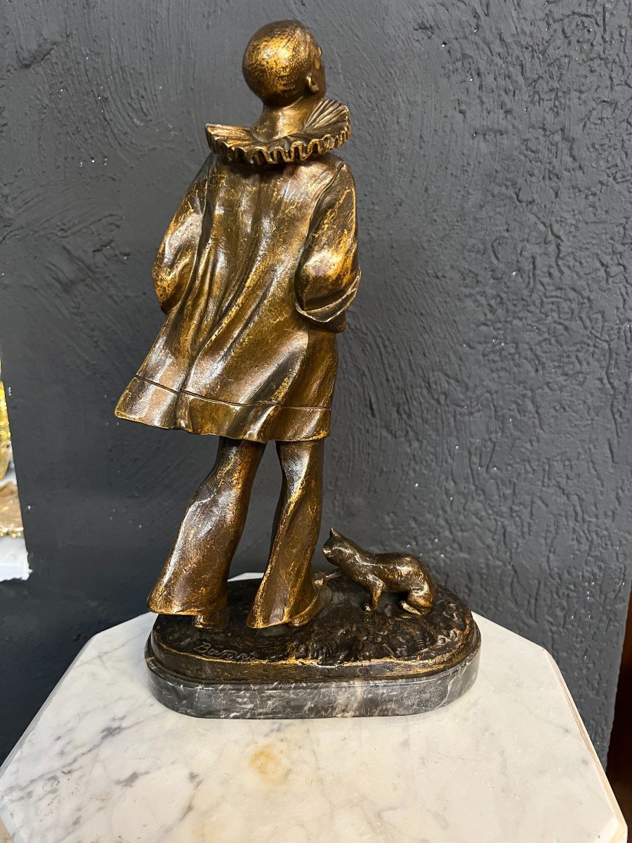 Sculpture En Bronze d'Un Pierot Avec Un Chat -photo-2