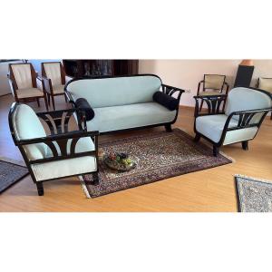 Art Deco Living Room Set—sofa And Two Armchairs, Glossy Black Lacquer