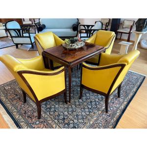 Art Deco Living Room – 4 Club Chairs And A Coffee Table, Mahogany And Yellow Leather