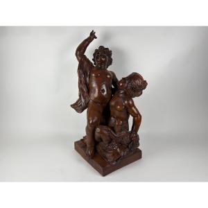 Large Terracotta Sculpture: Two Putti With A Small Dog, 95 Cm