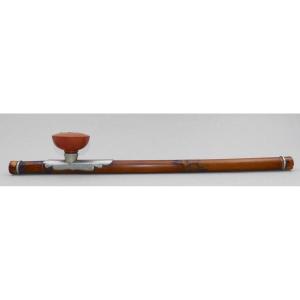 Opium Pipe, Indochina, Bamboo, Paktong Saddle, Bone Tips.