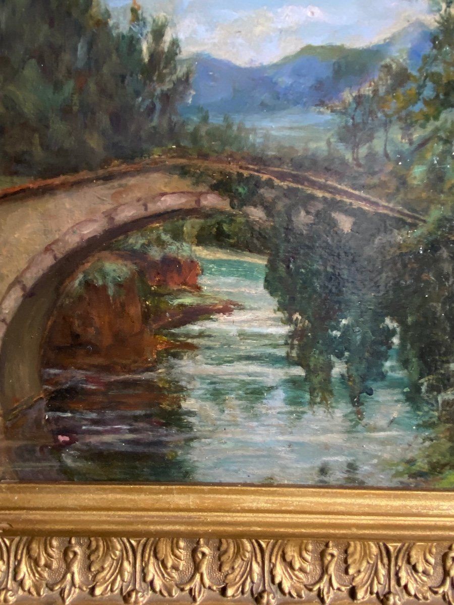 LEON  GASPART (1883-1975) Huile Sur Panneau  «Le petit pont»-photo-2