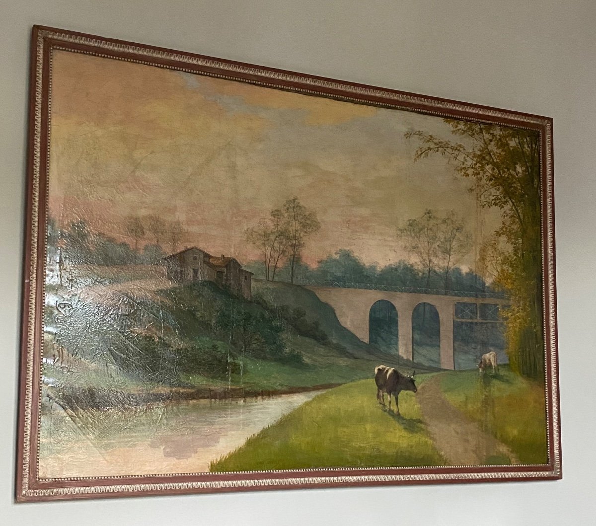 HENRI TAYAN (1855-1931) « Pont du Chemin De fer De Luxey à Mont De Marsan Huile Sur Toile -photo-3