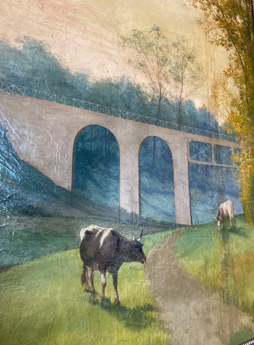 HENRI TAYAN (1855-1931) « Pont du Chemin De fer De Luxey à Mont De Marsan Huile Sur Toile -photo-4