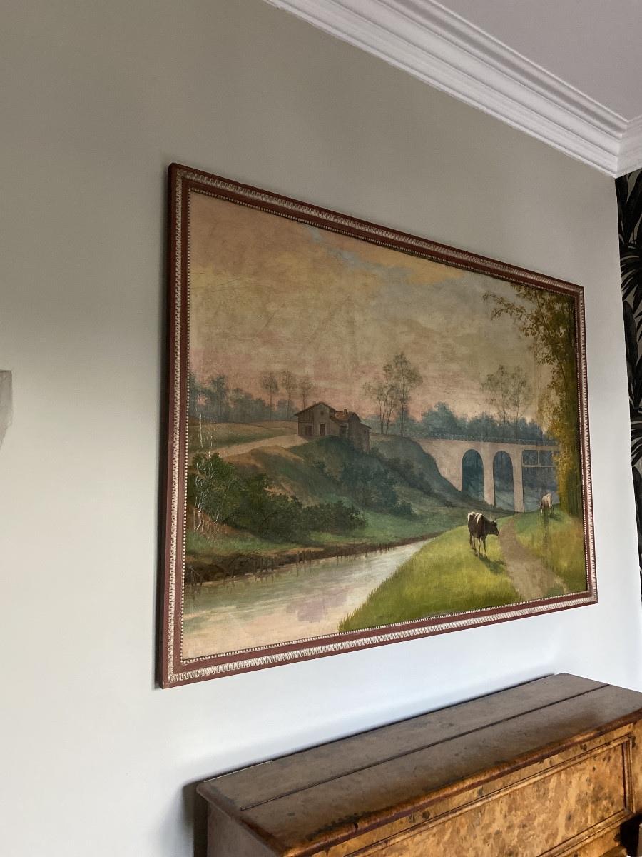 HENRI TAYAN (1855-1931) « Pont du Chemin De fer De Luxey à Mont De Marsan Huile Sur Toile -photo-4