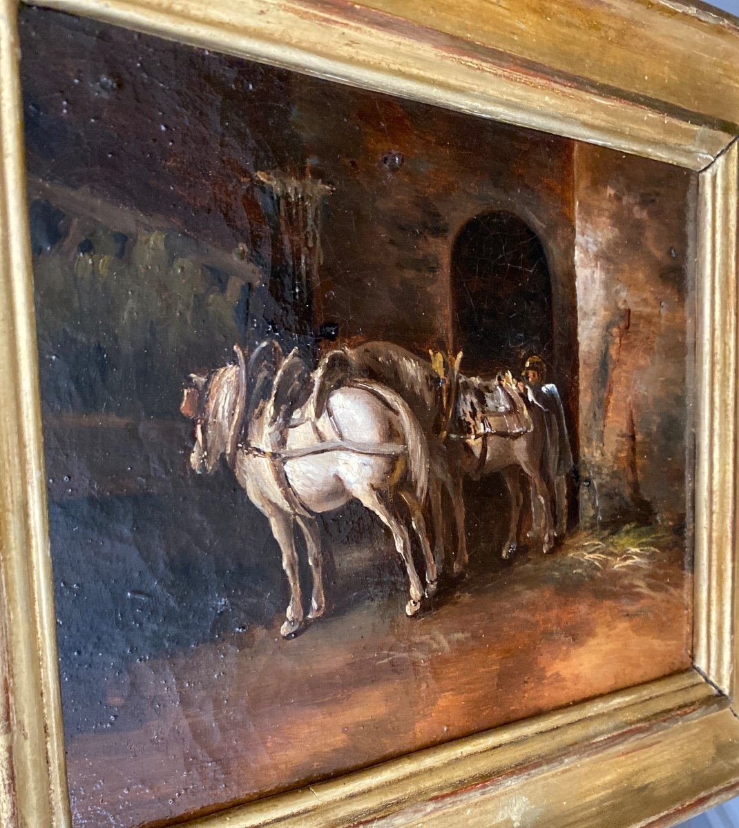 « Chevaux à l’écurie »Huile Sur Toile XIX eme siècle -photo-2
