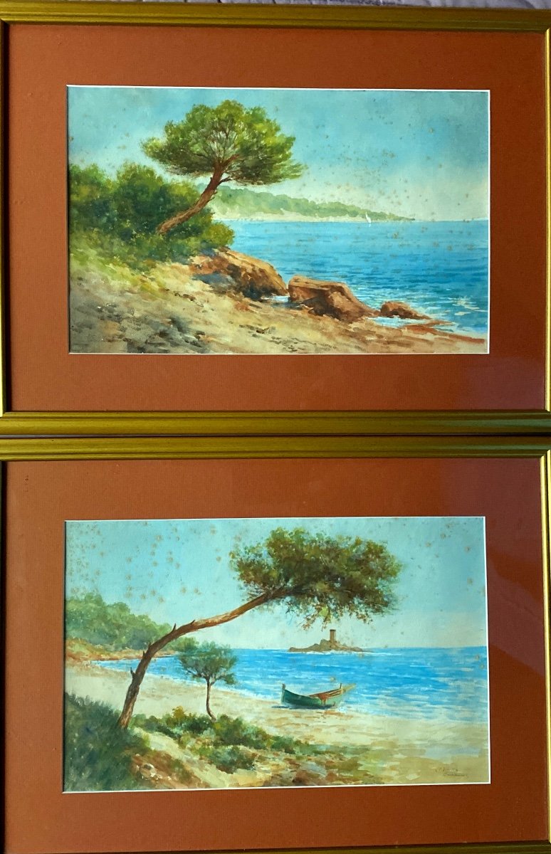 François Gilletta-cambianis (20th Century). “the Mediterranean”. Pair Of Watercolors.
