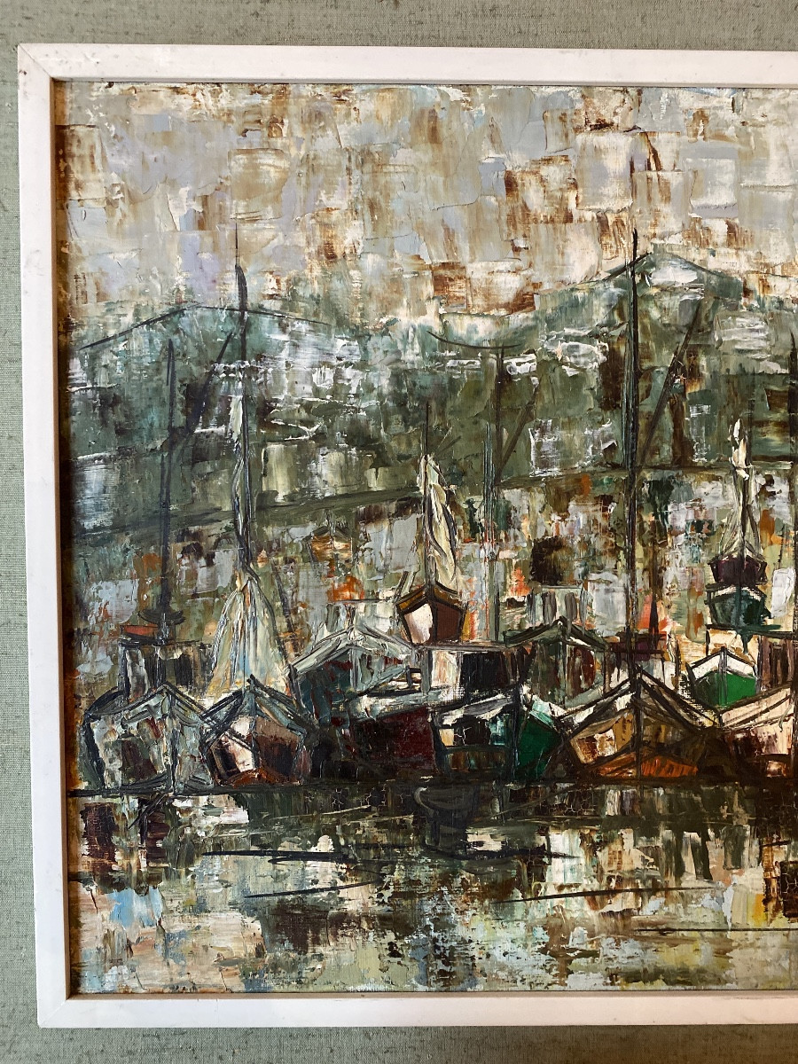 Corrand (1951) “sailboats In Port” Oil On Canvas -photo-1