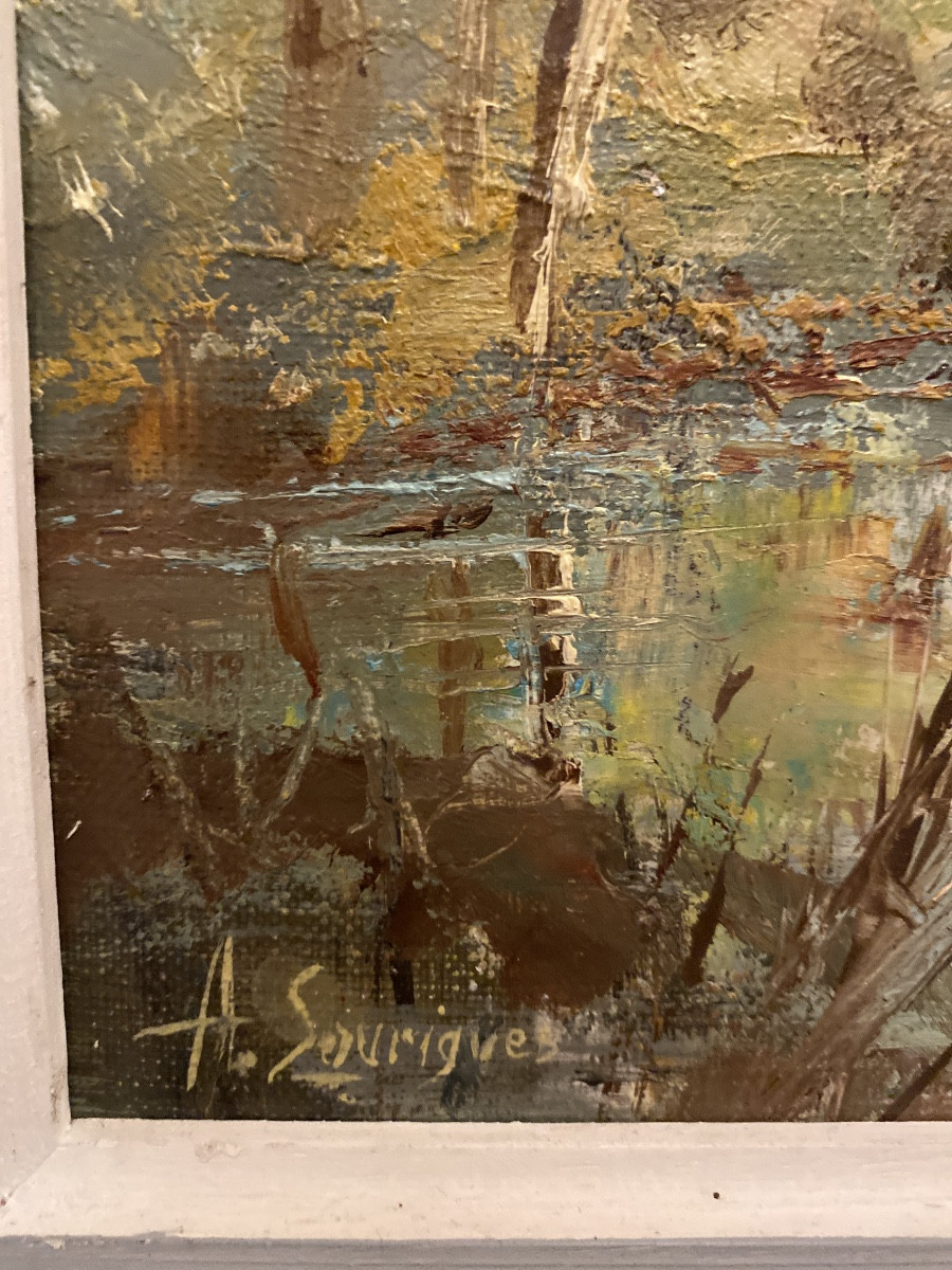 ANDRÉ SOURIGUES  (1924-2011) «l’étang De  Mazerolles » Huile Sur Toile -photo-2