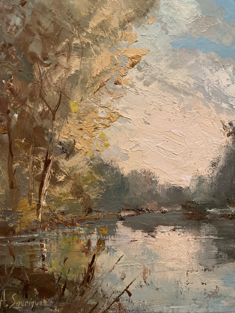 ANDRÉ SOURIGUES  (1924-2011) «l’étang De  Mazerolles » Huile Sur Toile -photo-4