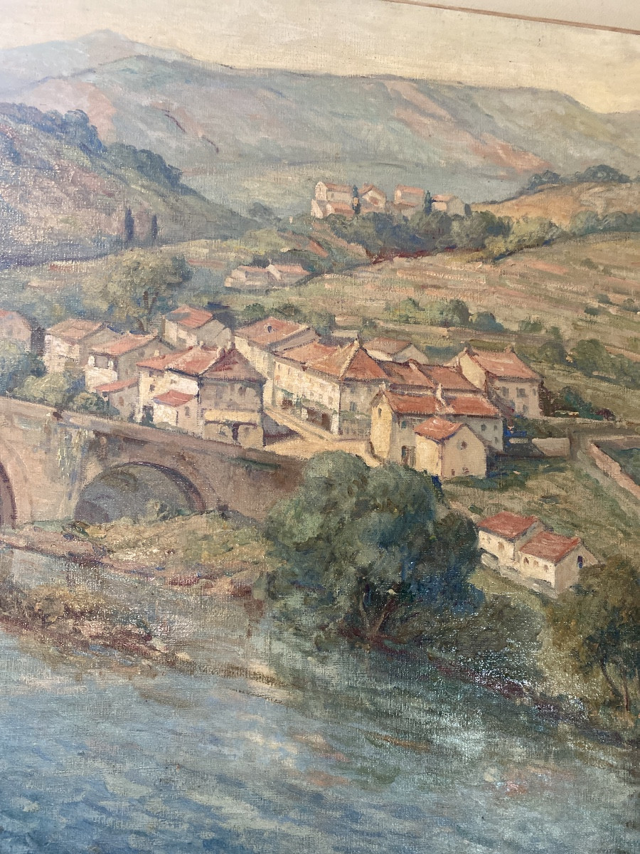 A.charton Oil On Canvas Late 19th Early 20th Century "village On The Banks Of The Adour"-photo-4