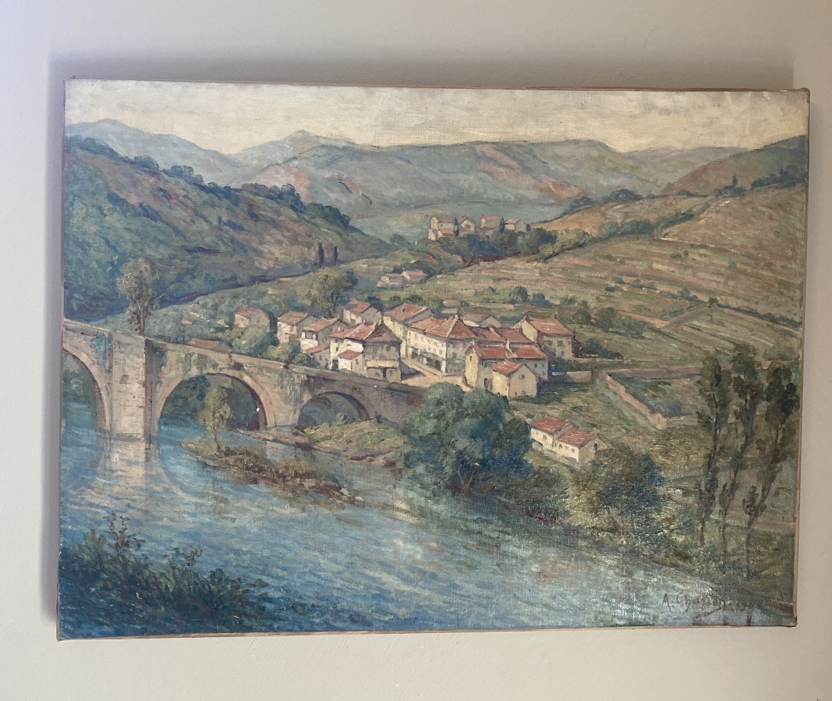 A.charton Oil On Canvas Late 19th Early 20th Century "village On The Banks Of The Adour"