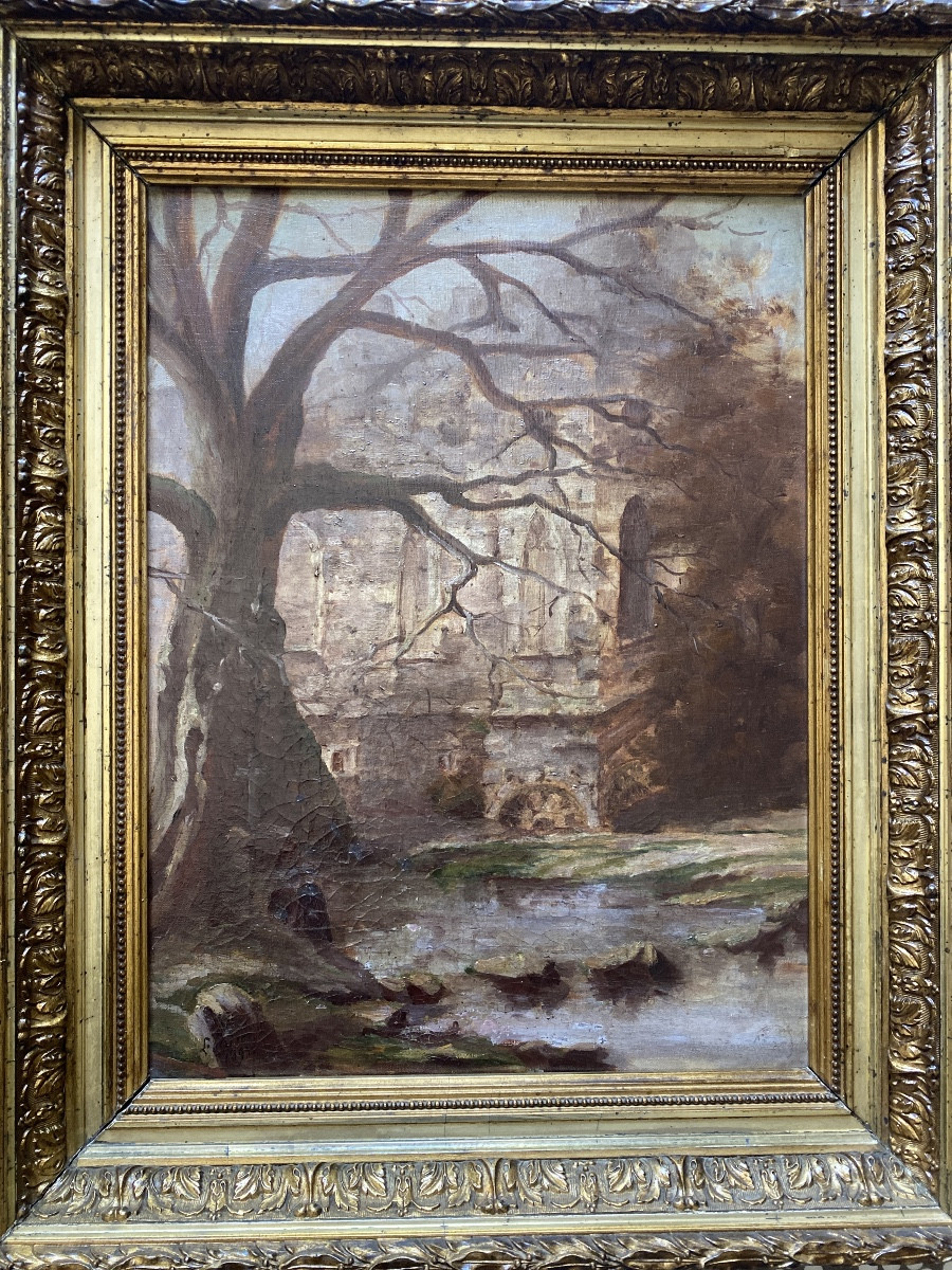 L.lainon Oil On Canvas From The 19th Century "the Forgotten Mill"-photo-2