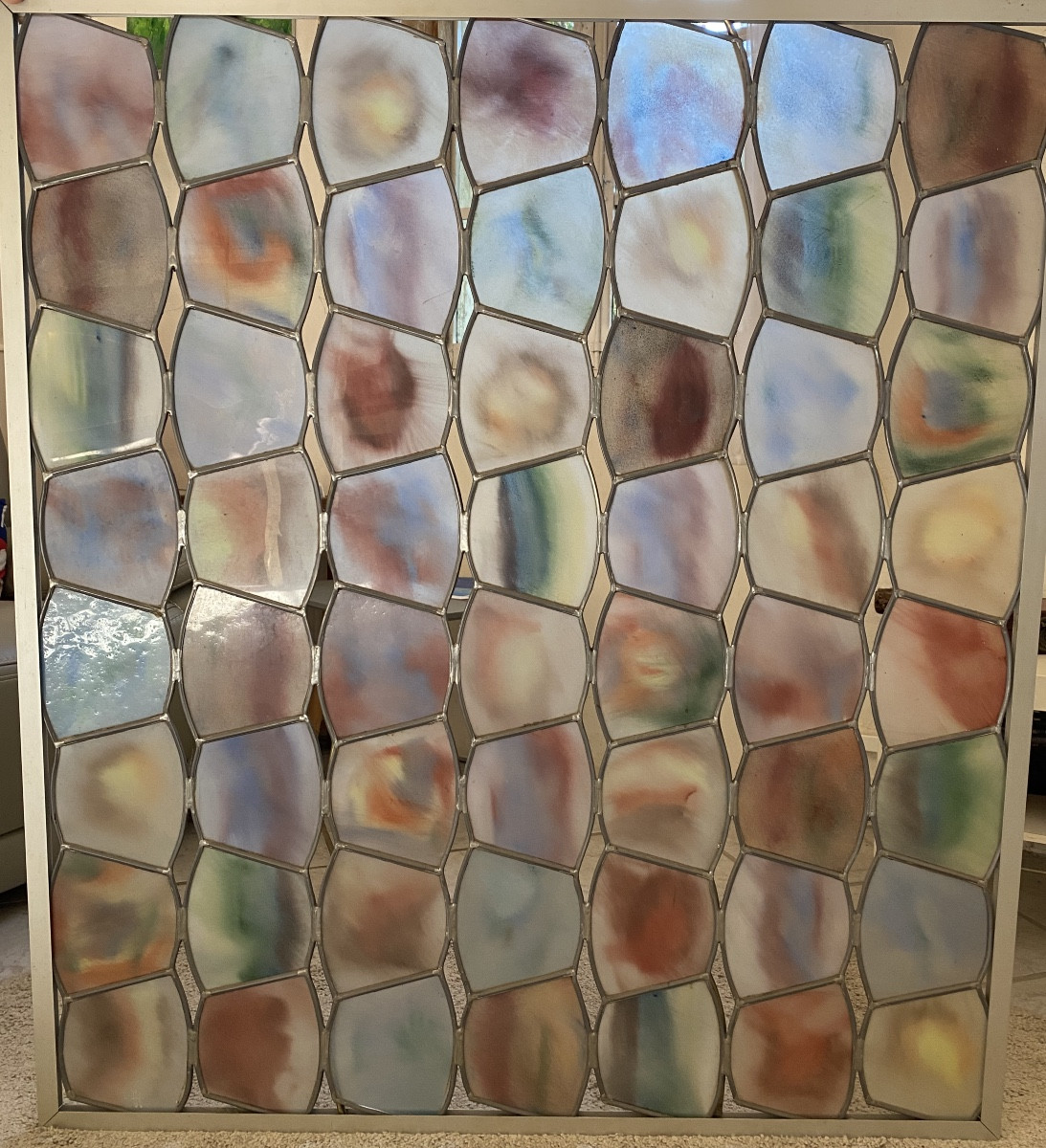 Modern Stained Glass Window Signed Jean Hennau “composition Of Tinted Glass”-photo-2